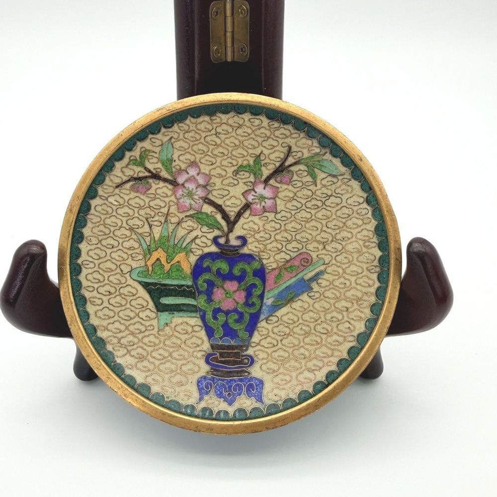 Vintage Chinese Cloisonne‎ Enamel Mini Plate Floral Vase 4 Inch Decorative Dish